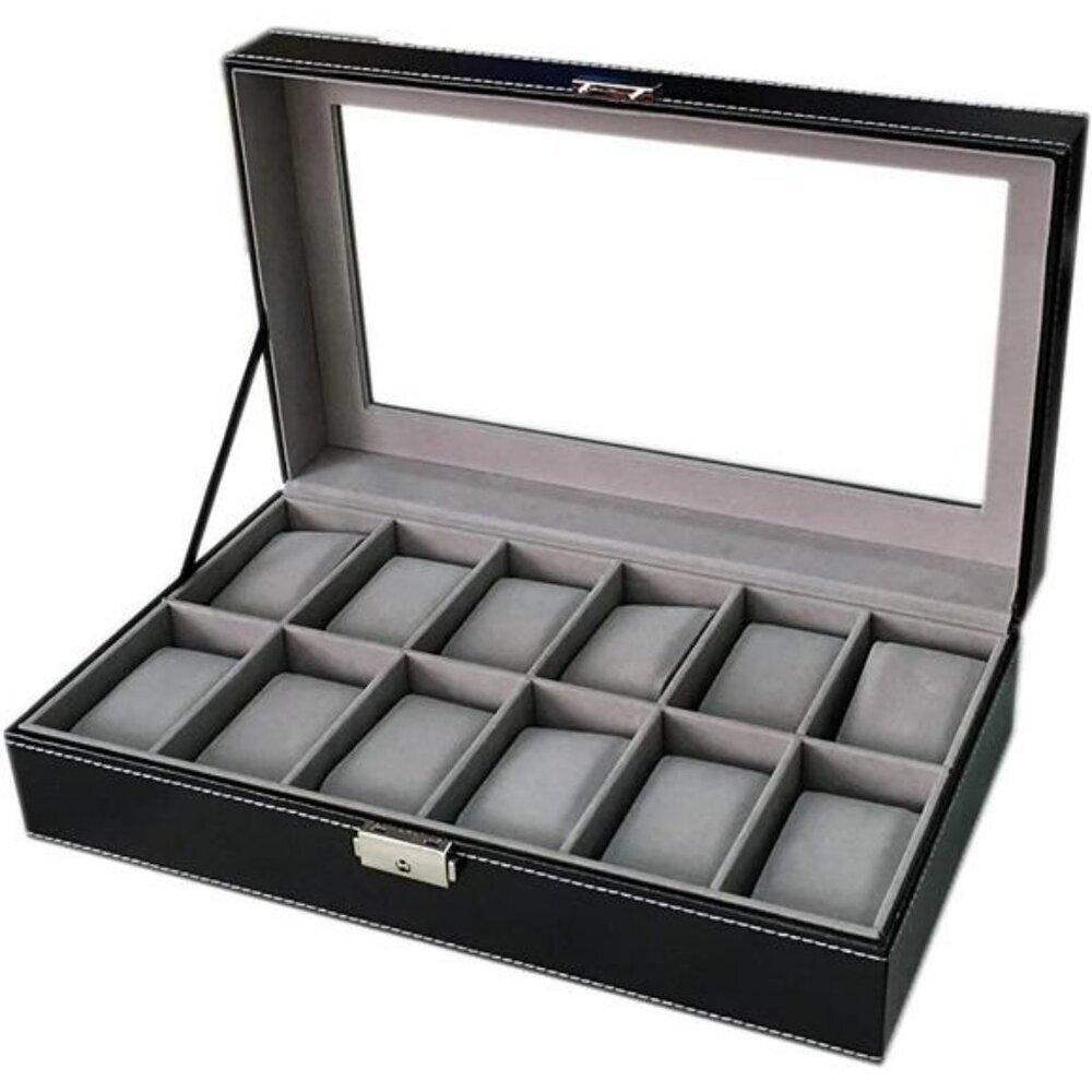 Mens Watch Display Case Black Leather Organizer with Glass Top Holds 12 Watches